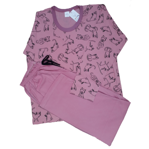 0367 Pijama Rosa com Gato Preto e Calça Rosa 14